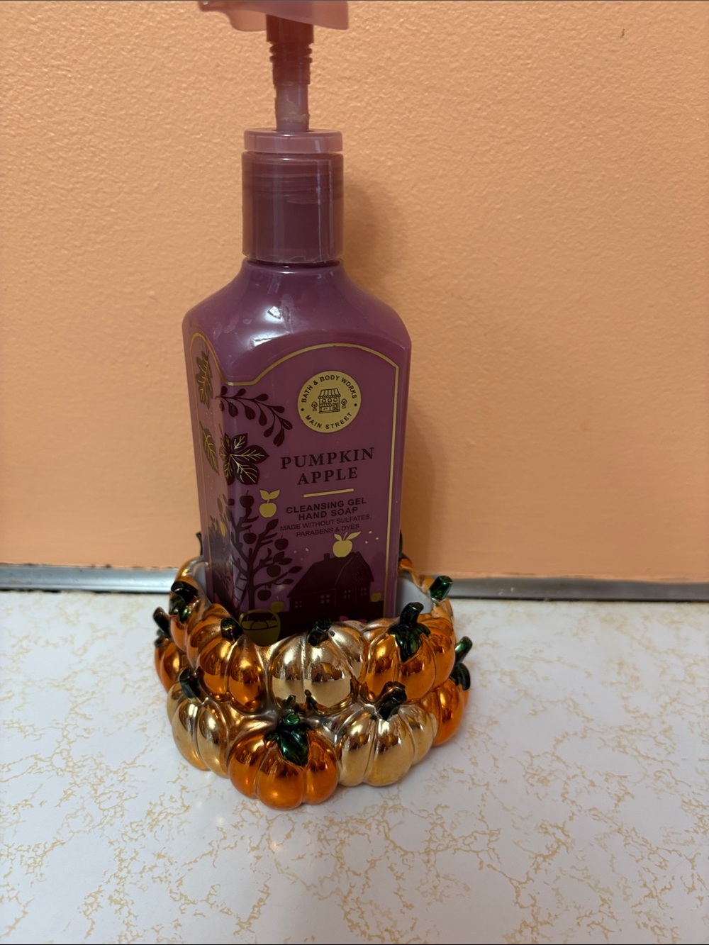 Bath & Body Works Metallic Orange Pumpkin Soap Holder with Green Accents